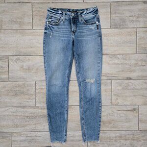 Silver Suki Skinny Jeans Women's Stretch Denim Slightly Distressed Raw Hem 26x29